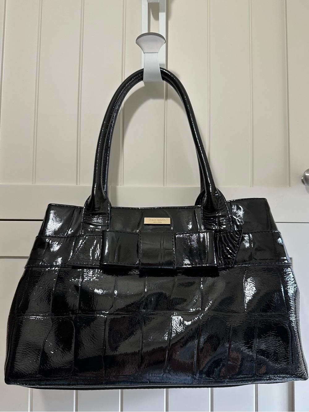Vintage kate spade Elena Knightsbridge Bow Handbag Black Croc Patent Leather - Picture 6 of 13